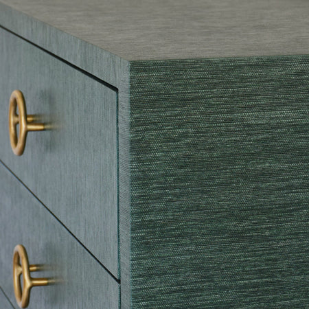 Miles Forest Green  Three Drawer Grasscloth Chest- corner texture closeup