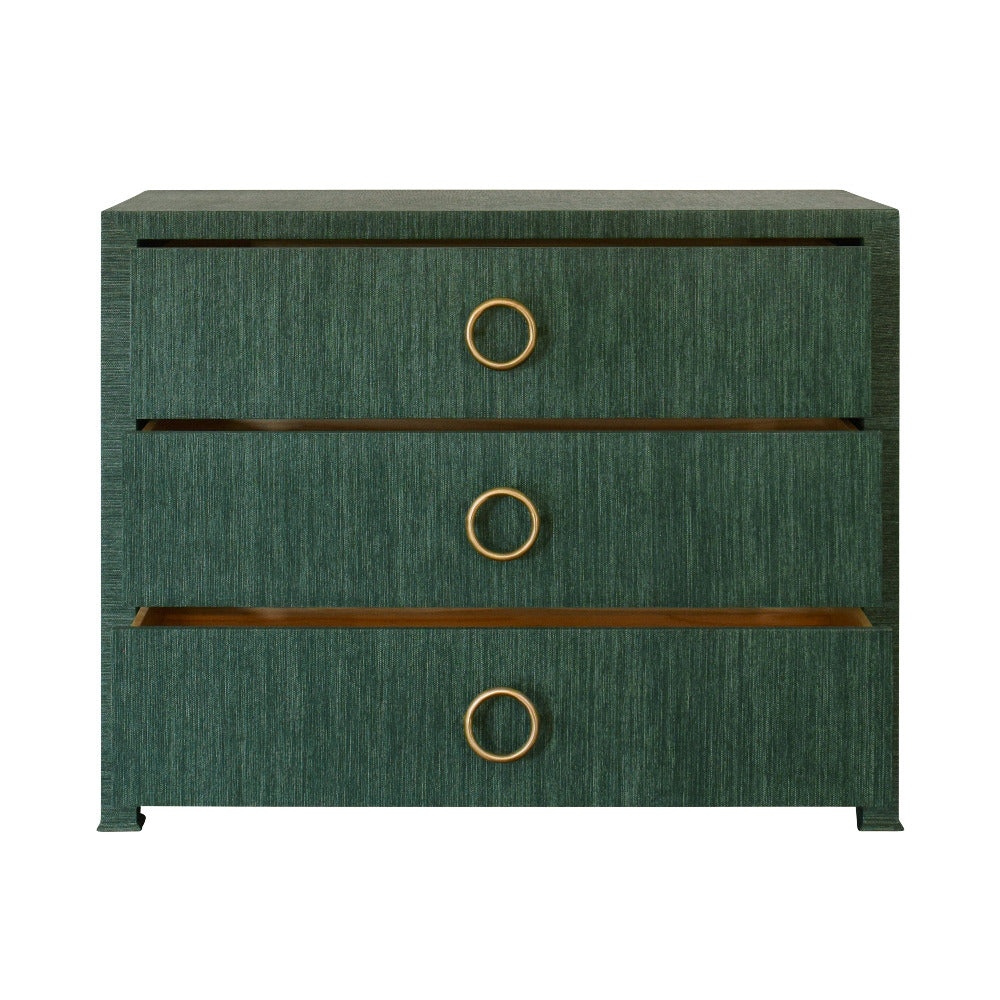 Miles Forest Green  Three Drawer Grasscloth Chest- open drawers