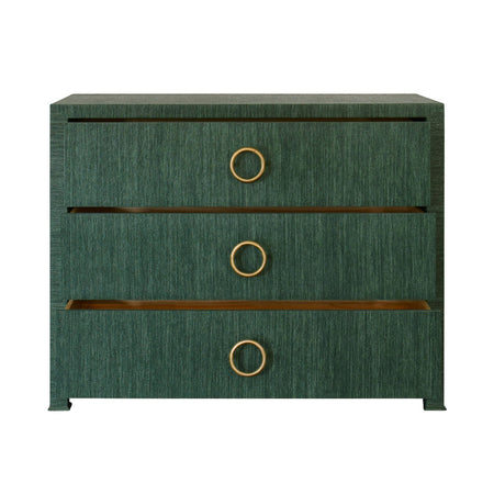 Miles Forest Green  Three Drawer Grasscloth Chest- open drawers