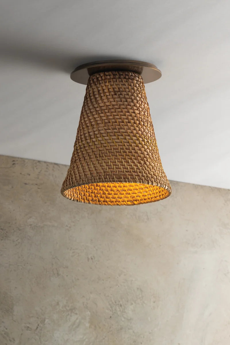 Minami Woven Rattan Flush Mount illuminated