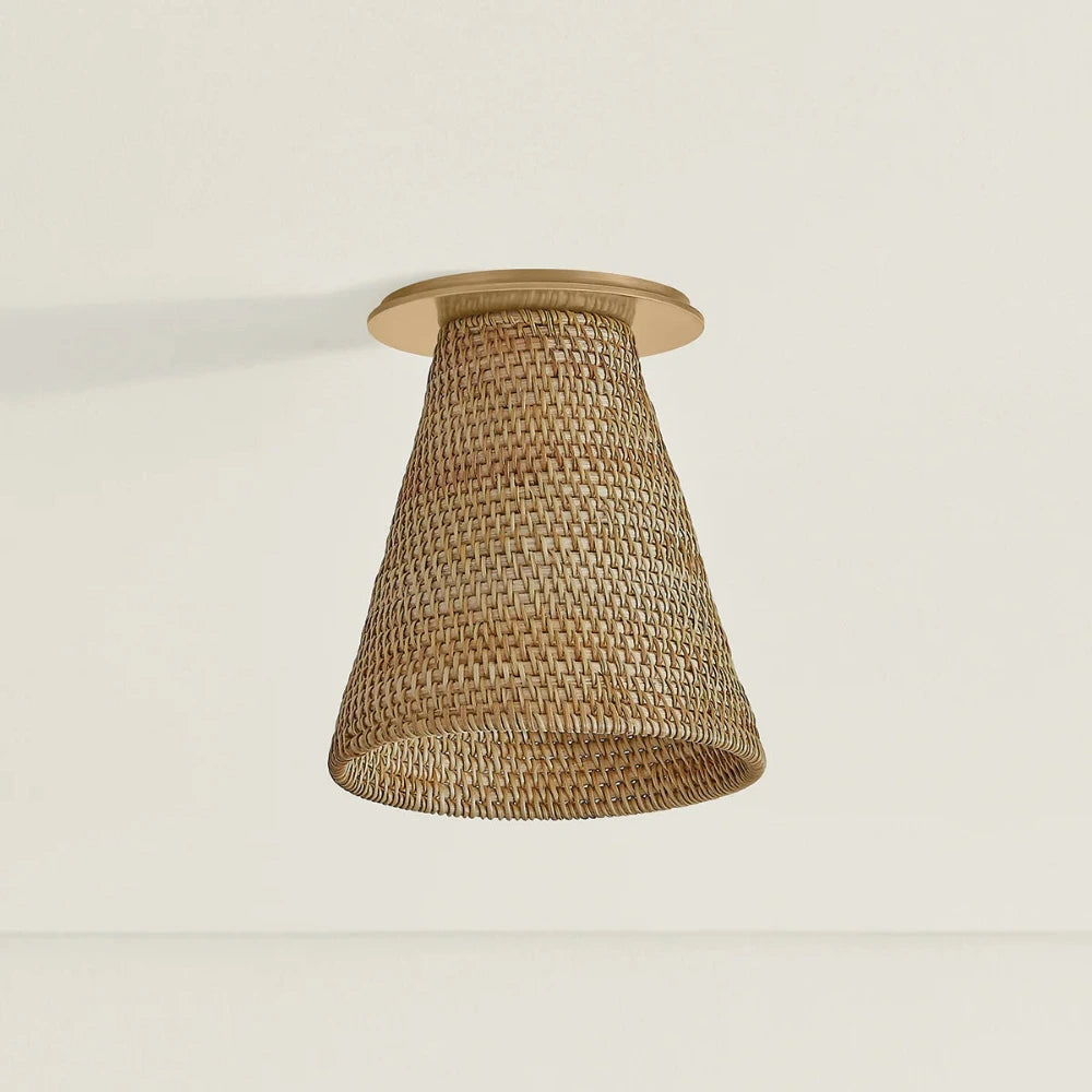 Minami Woven Wicker Flush Mount on ceiling