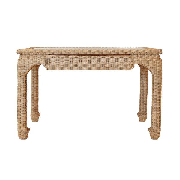 Ming Style Woven Rattan Desk - Glass Top