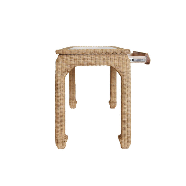 Ming Style Woven Rattan Desk Side View with open drawer