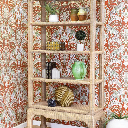 Ming Style Woven Rattan Etagere styled in colorful corner