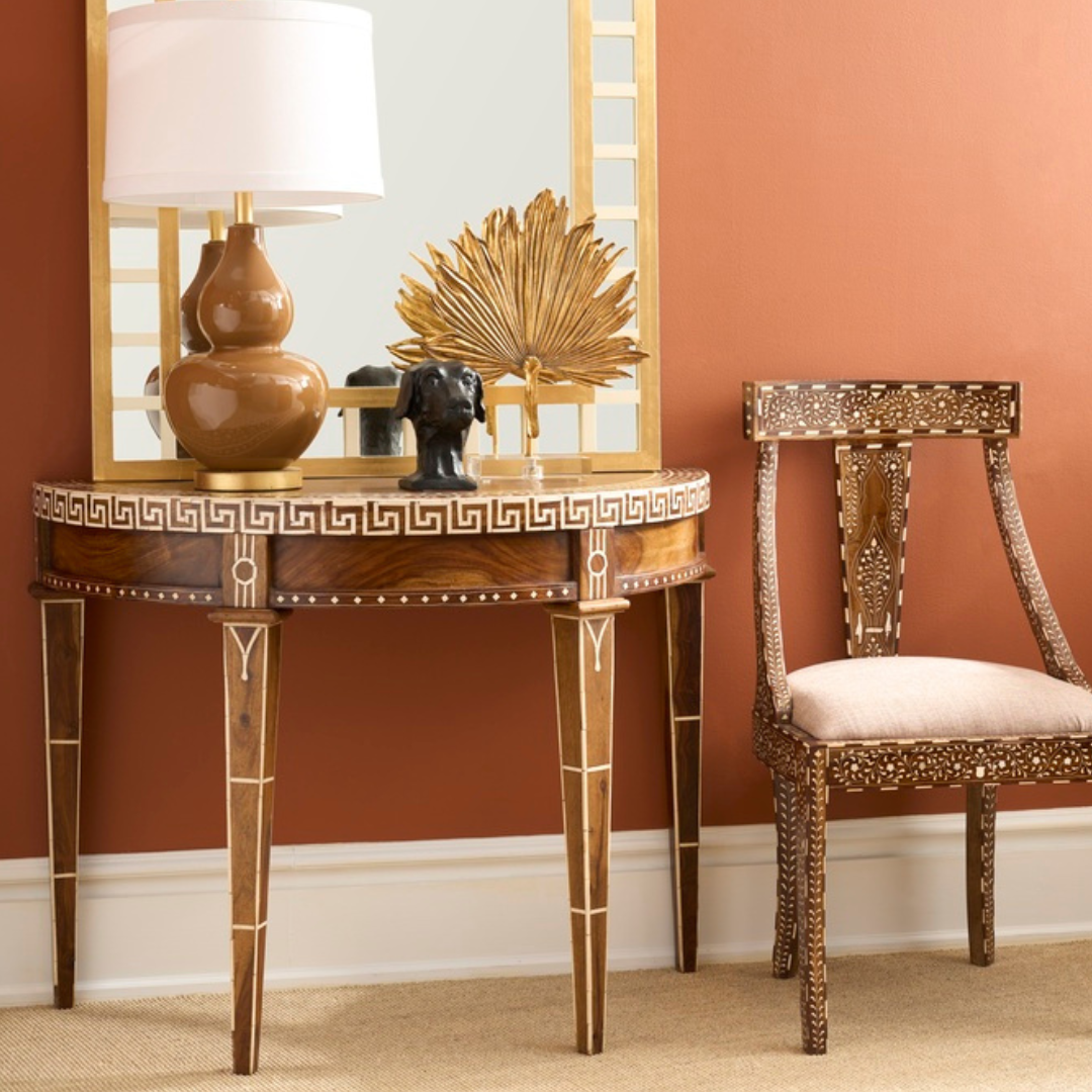 Miraval Earth Gourd Lamp on Aryana inlay demilune console table