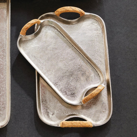 Helena Tray Set Stacked- cast aluminum with rattan handles
