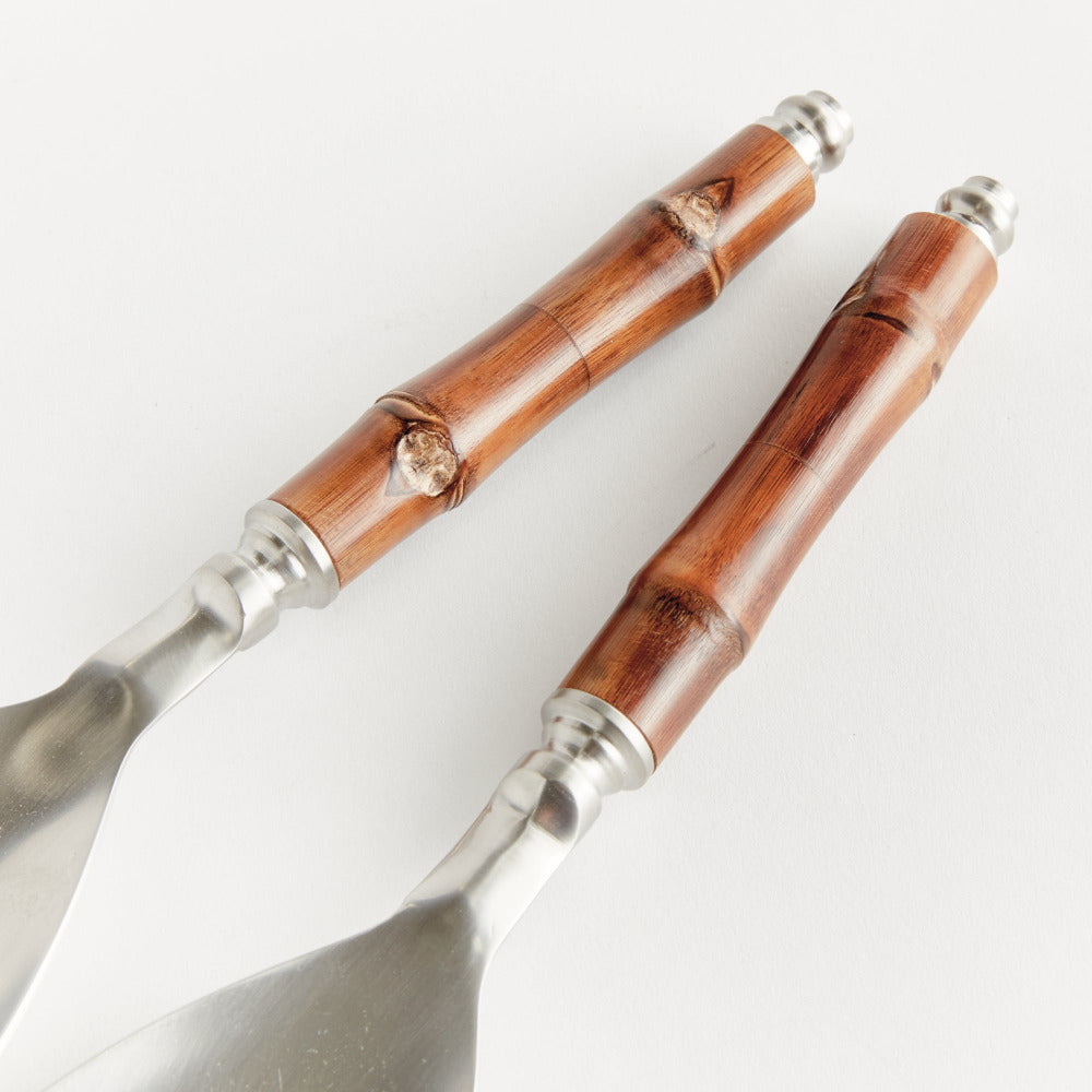 Bamboo Handle Stainless Steel Salad Server Set - handle closeup