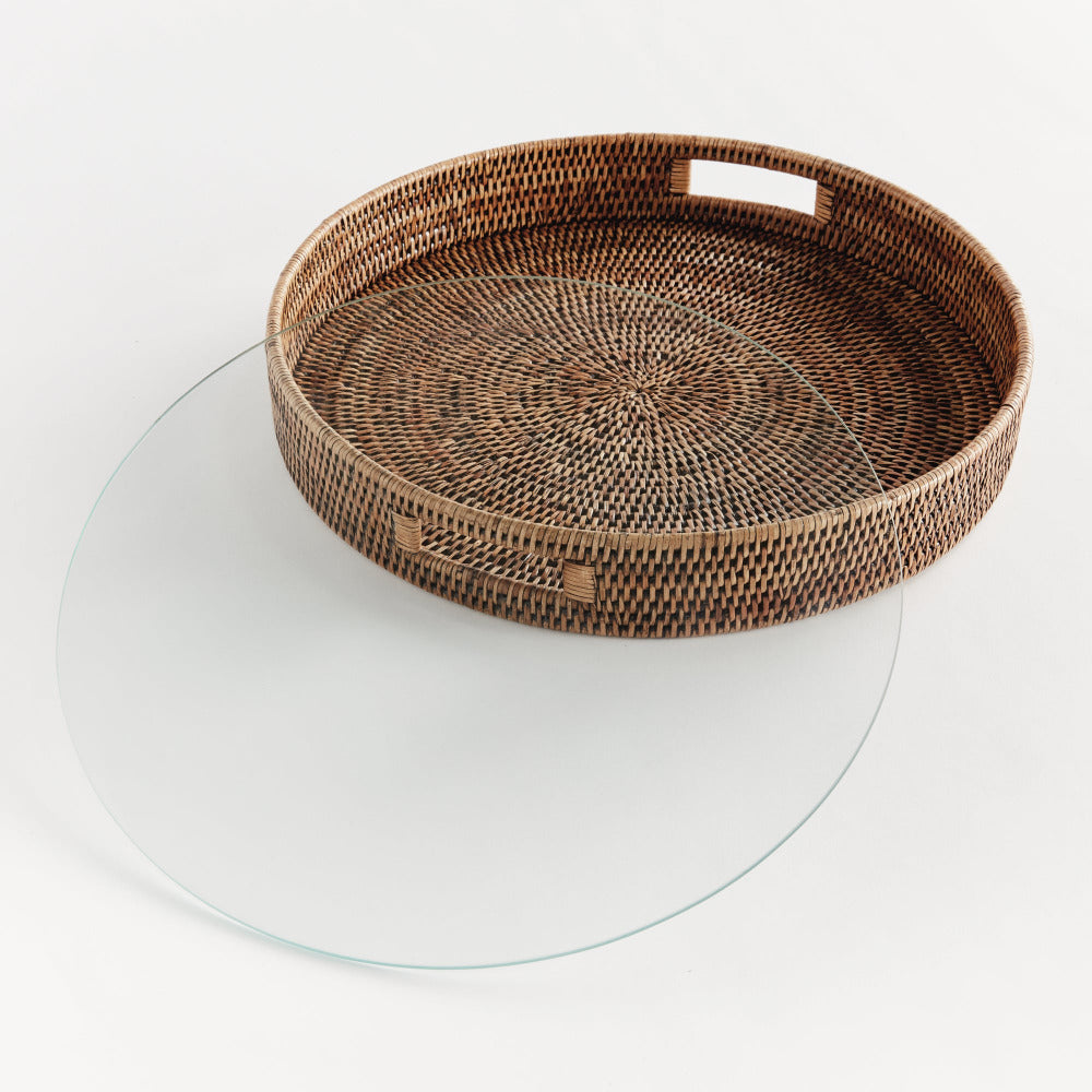 Mandalay Large Brown Rattan Serving Tray with glass insert