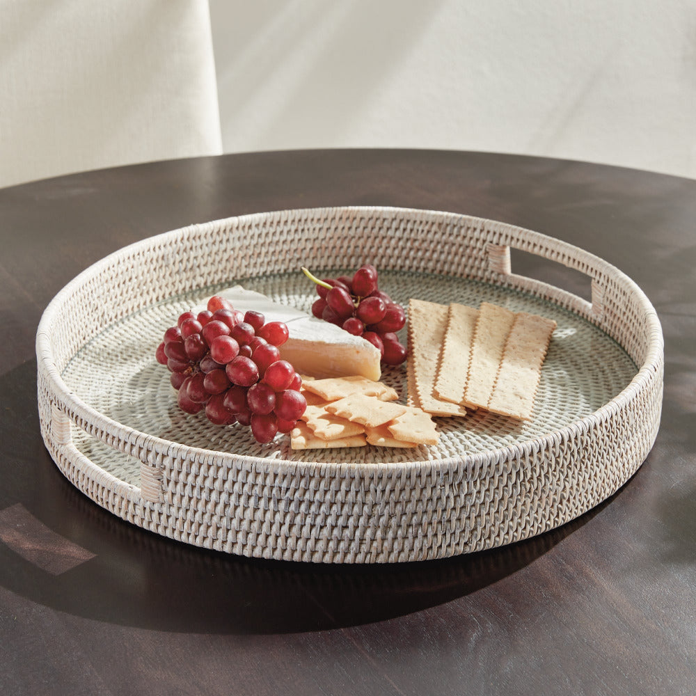 Mandalay Large Whitewash Rattan Serving Tray with cheese and crackers