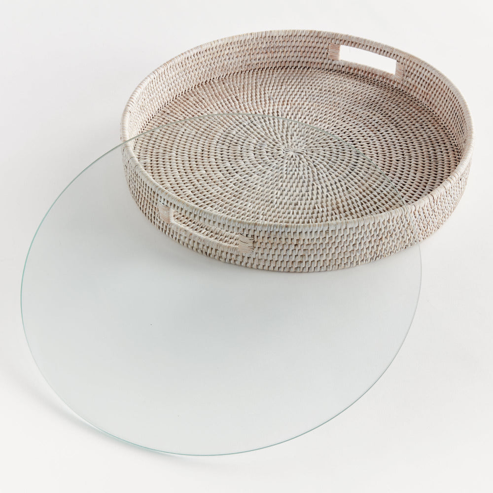 Mandalay White Round Rattan Serving Tray with glass