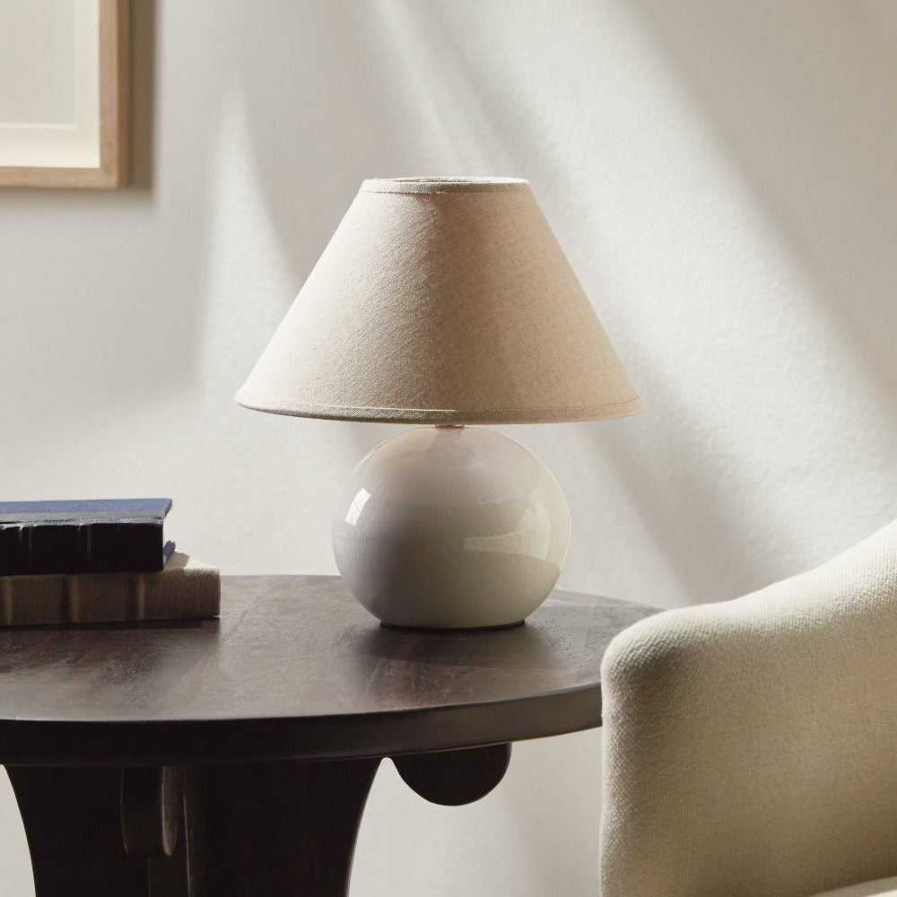 Mignon White Ceramic Mini Lamp -styled on round wood table
