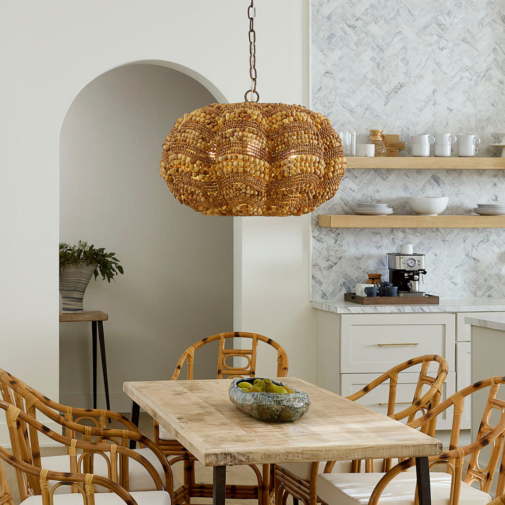 Natural Beaded Clamshell Chandelier styled in kitchen
