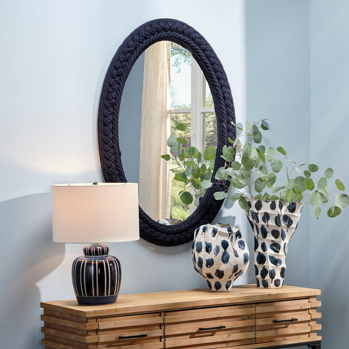 Reef Navy Rope Oval Mirror with Annette Table Lamp