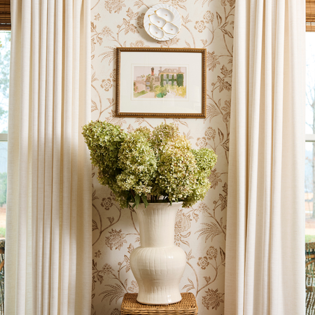 Neema Wide Mouth Vase styled with dried hydrangeas