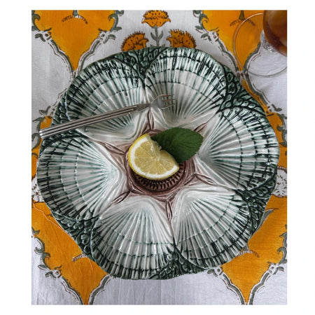 Nola Green and Brown Oyster Plate styled on Sunny Days Tablecloth