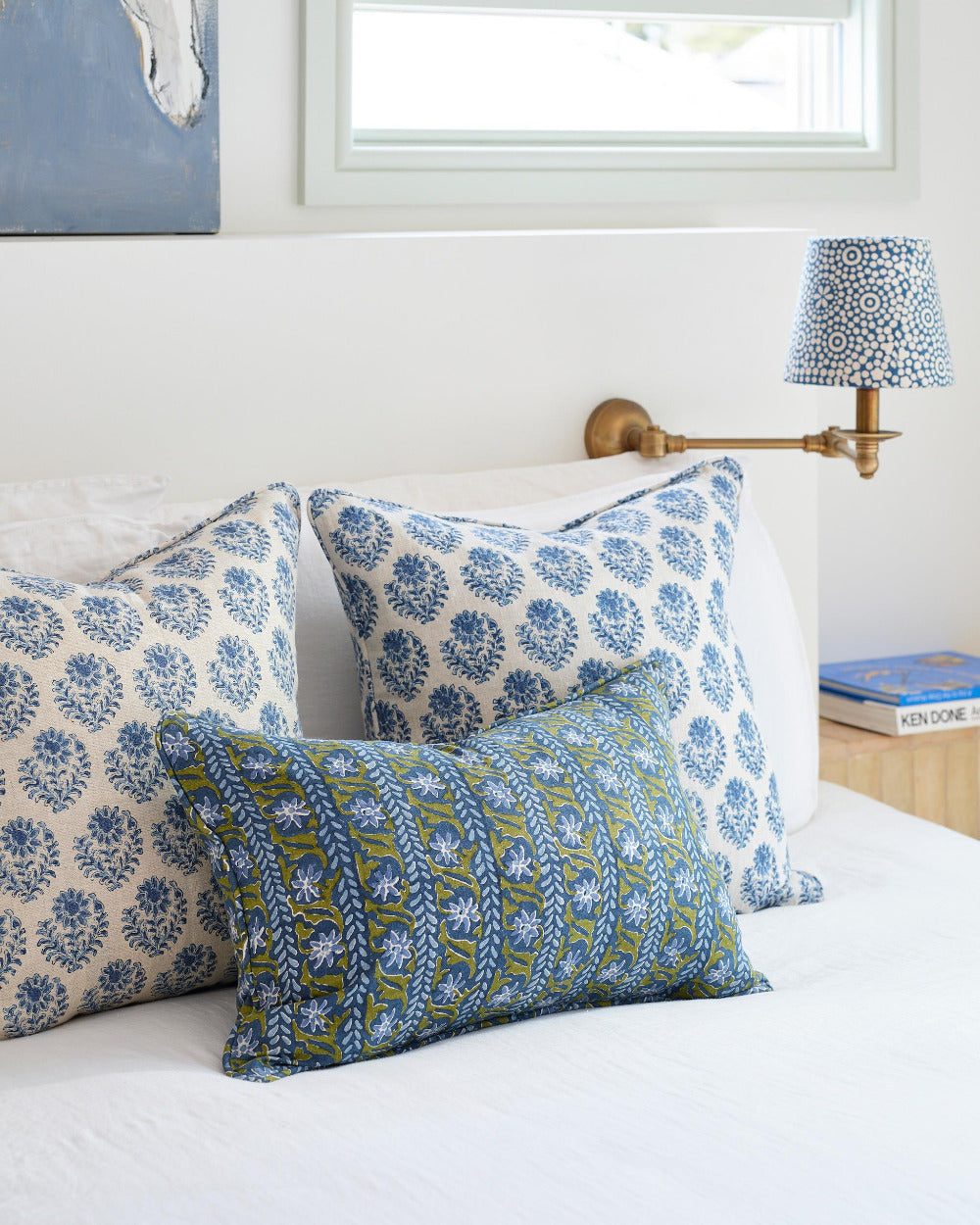 Pondicherry Riviera Pillow Cover with Oia Moss Azure Lumbar on Bed