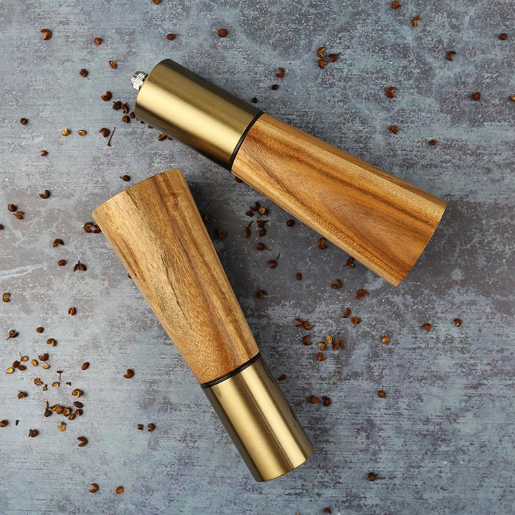 Olive Wood Salt Shaker & Pepper Grinder Set styled with peppercorns