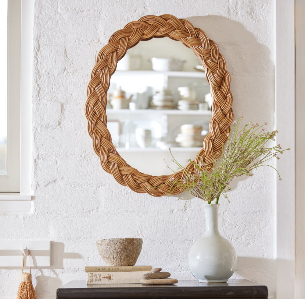 Oval Braided Rattan Wall Mirror styled