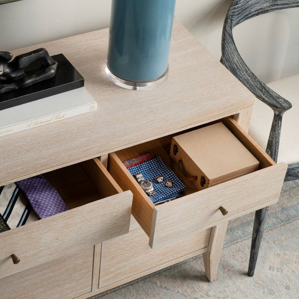 Kira Oak Dresser shown with open drawers filled