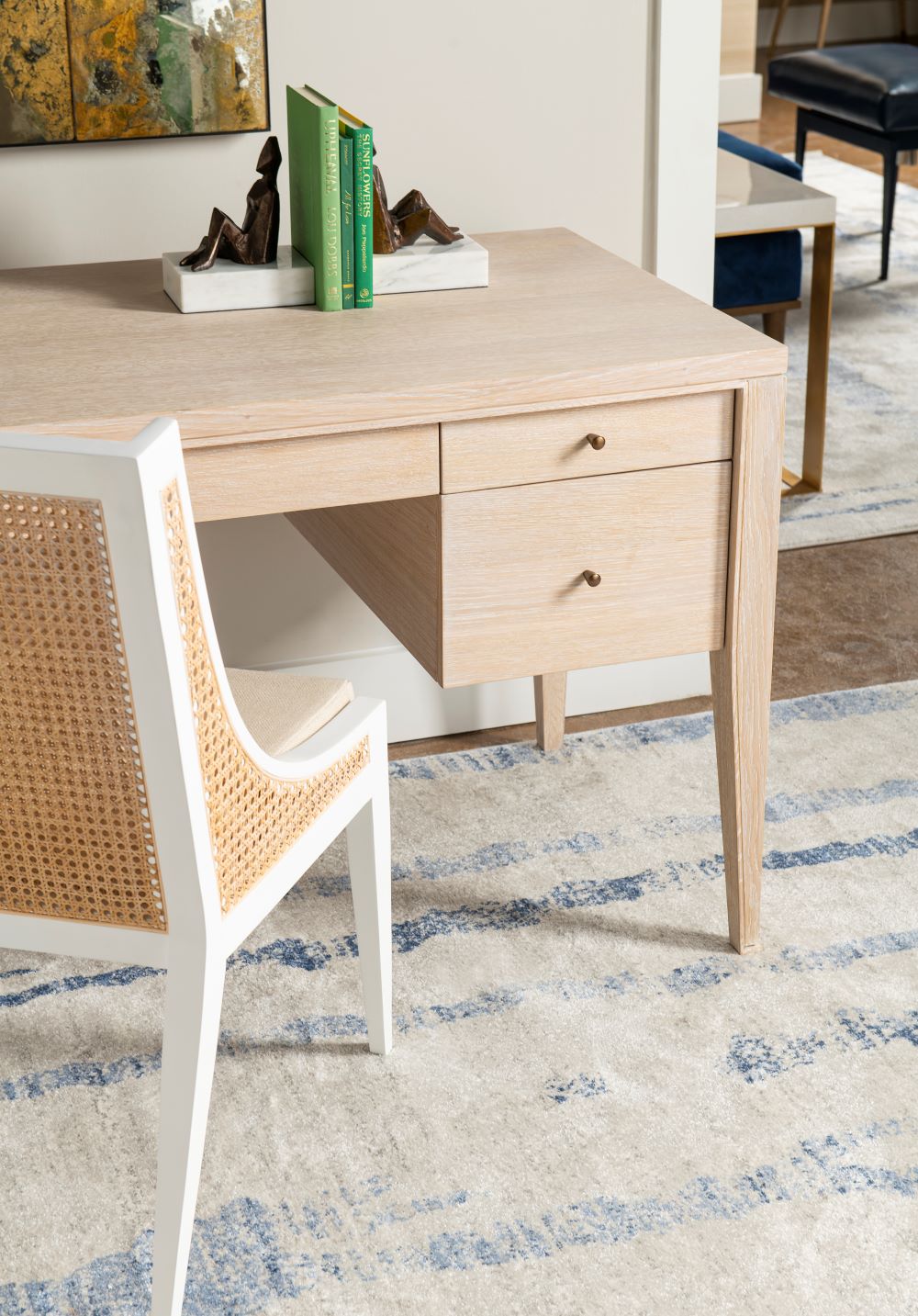 Kira Oak Desk styled with white cane back chair