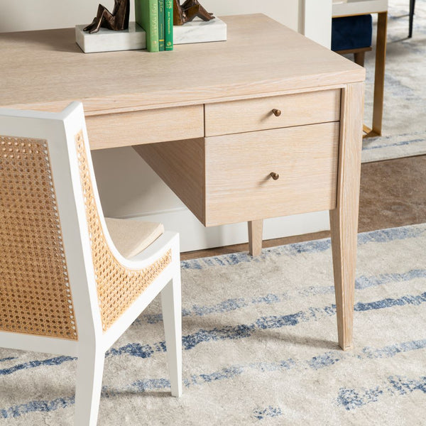 Kira Oak Desk styled with white cane back chair