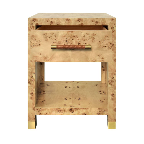 Lowery Burl Side Table with one drawer open