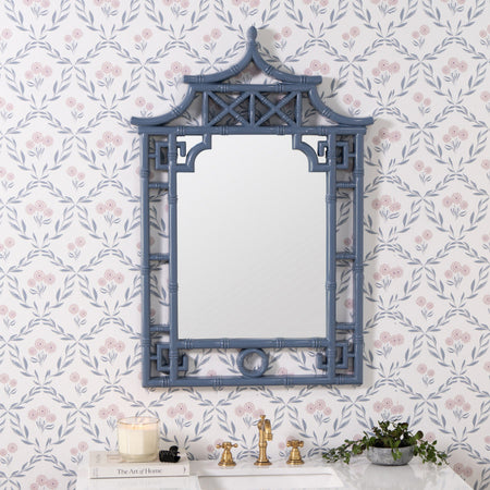 Pagoda Denim Lacquer Mirror styled in bathroom