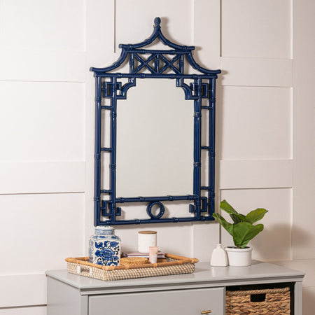 Pagoda Navy Blue Lacquer Mirror styled above dresser