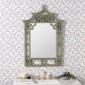 Pagoda Sage Green Lacquered Mirror in wallpapered bathoom