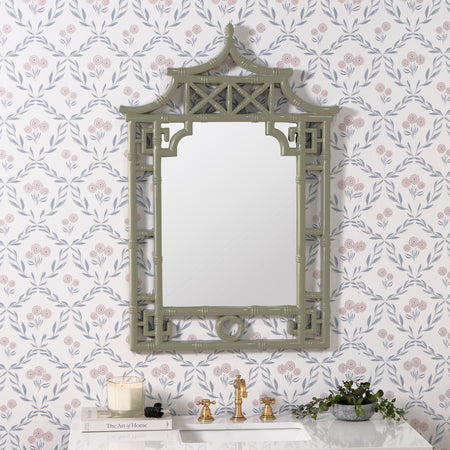 Pagoda Sage Green Lacquered Mirror in wallpapered bathoom