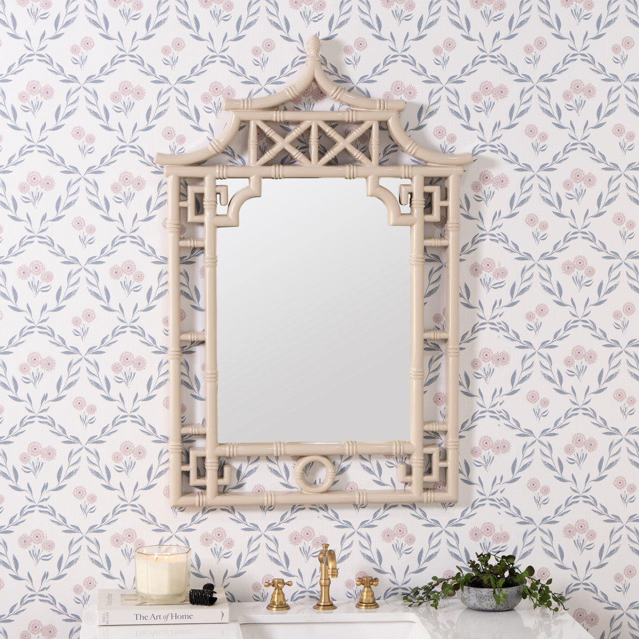 Pagoda Sand Lacquer Mirror styled in wallpapered bathroom