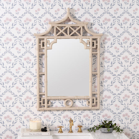 Pagoda Sand Lacquer Mirror styled in wallpapered bathroom