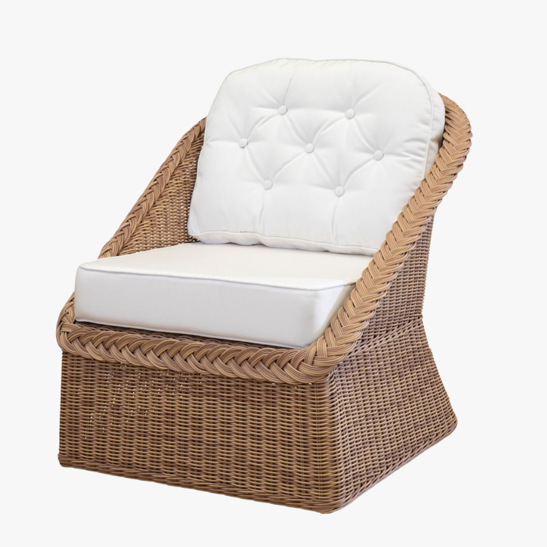 Synthetic Wicker chair with white cushion on a white background