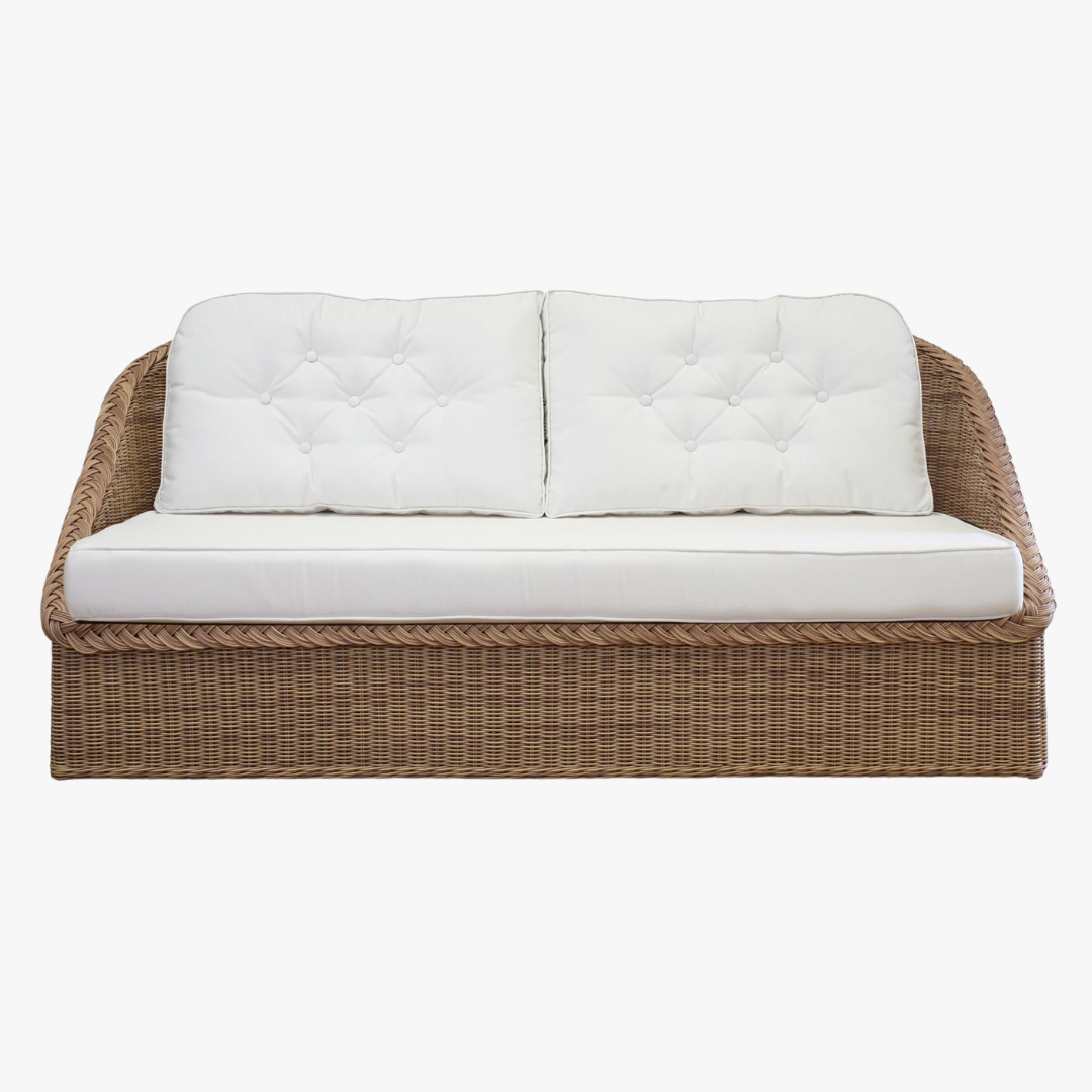 Palm Synthetic Wicker outdoor sofa with white cushions on a white background