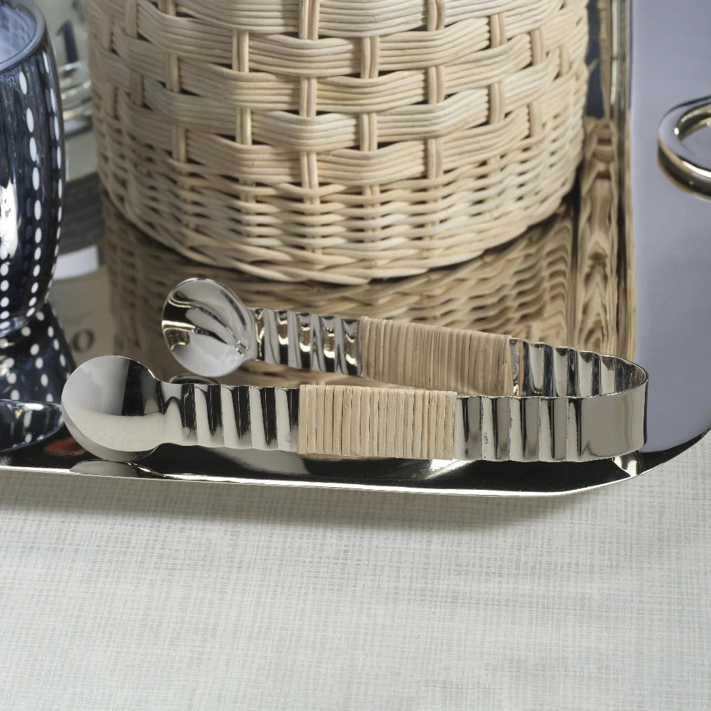 Palmier Rattan Wrapped Ice Tongs styled with tray