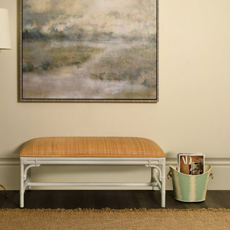 Paradise White Rattan Bench styled in living room