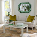Parsons White Grasscloth Coffee Table
w Glass Top styled in living room