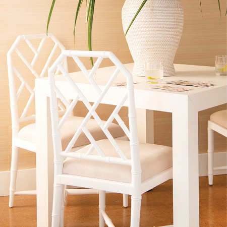 Parsons White Grasscloth Game Table styled with Jardin Chairs