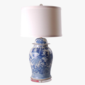 Peacock Temple Jar Lamp with white drum shade
