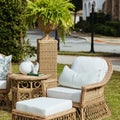 Outdoor Braided All Weather Wicker Pedestal styled with urn and fern