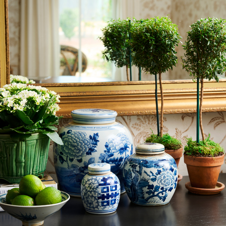 Peony Lidded Ming Jar styled with myrtle topiaries