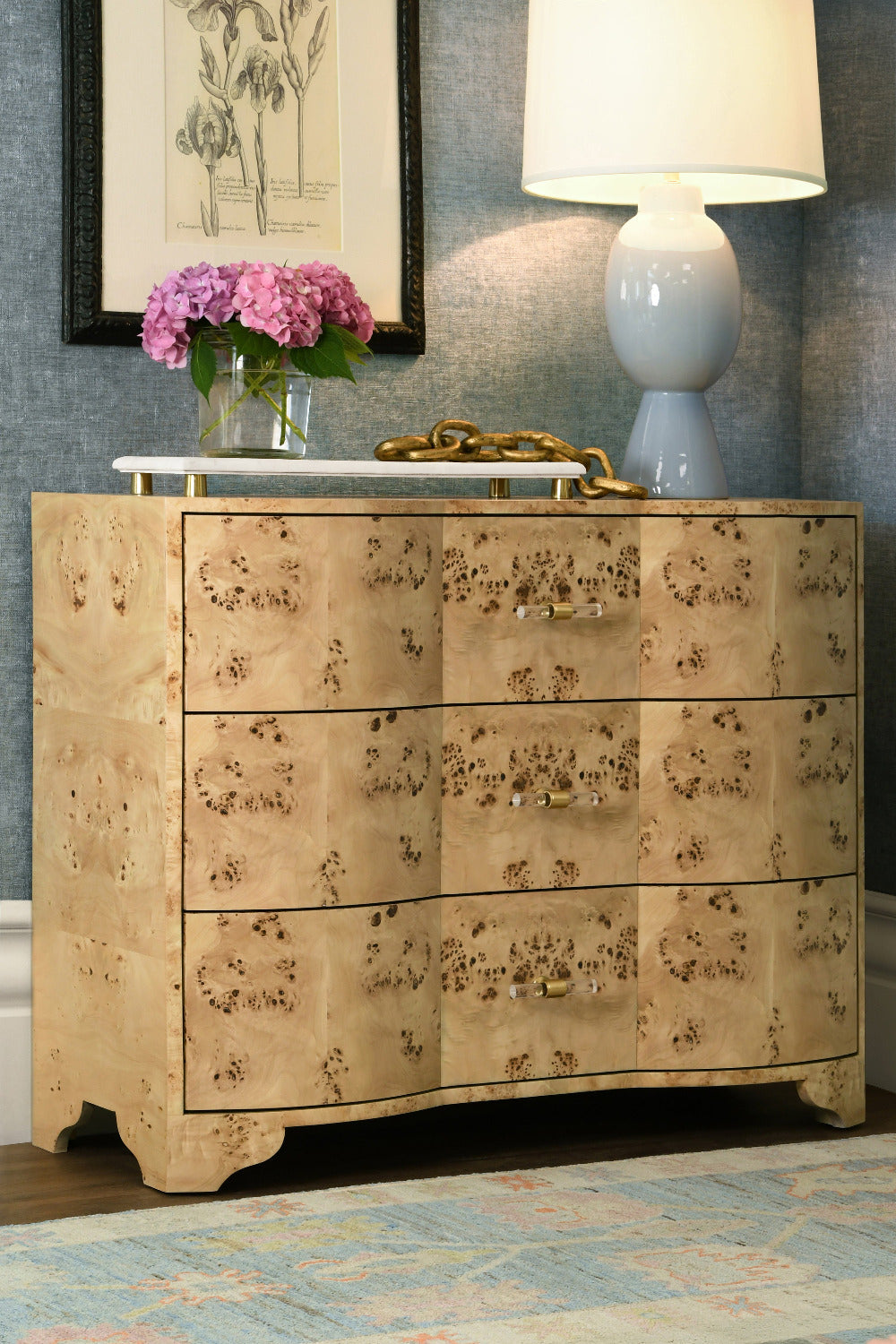 Phillip Burlwood Chest styled in blue room