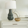 Quinn Veridian Green Lamp styled on dresser