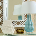 Quinn Waterfall Blue Lamp styled on dresser