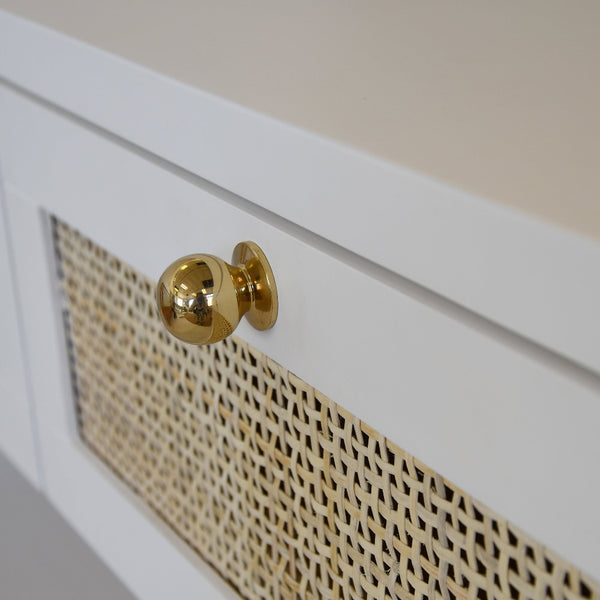 Sloan White Console Woven Cane and Brass Detail