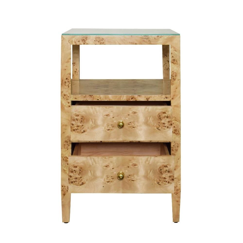 Daisy Burl Side Table with open drawers
