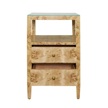 Daisy Burl Side Table with open drawers
