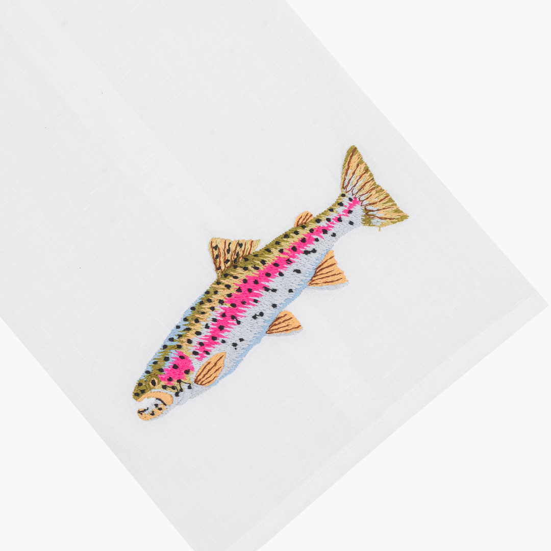 Rainbow Trout Embroidered White Linen Hand Towel