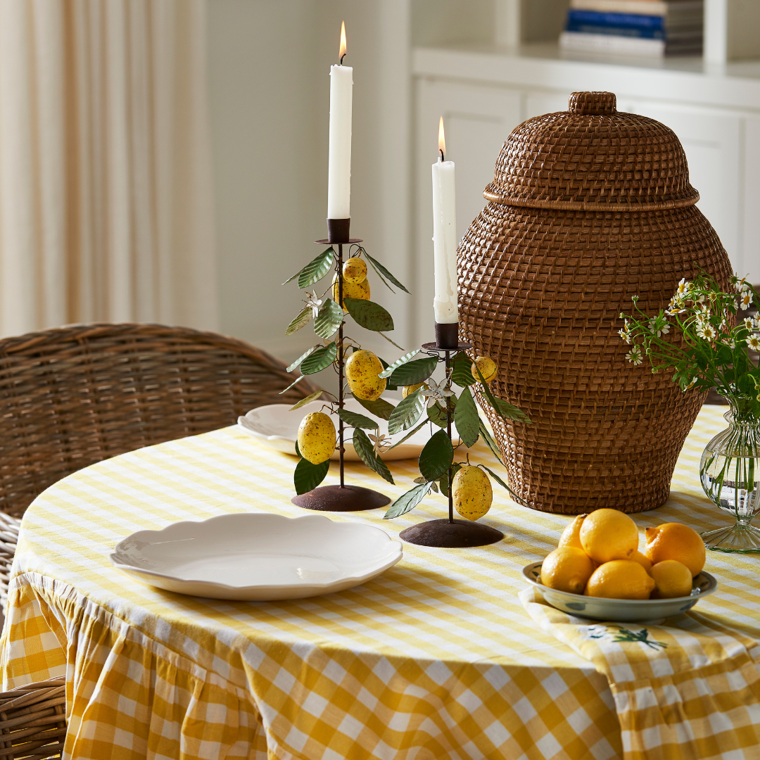Rattan Ginger Jar Styled with Lemon Candle Holders - Dear Keaton