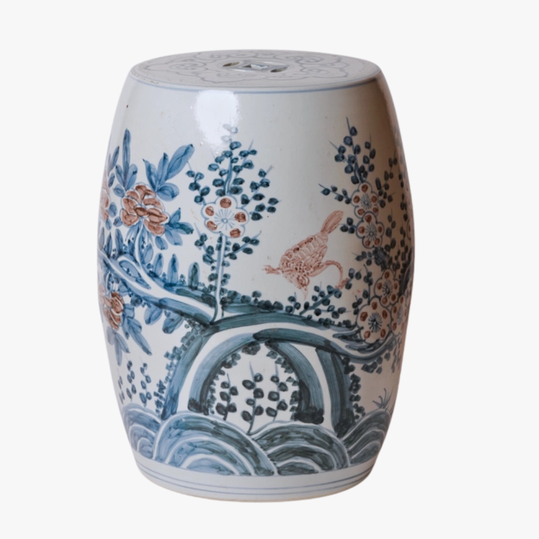 Red and Blue Flowering Vine Garden Stool by Dear Keaton